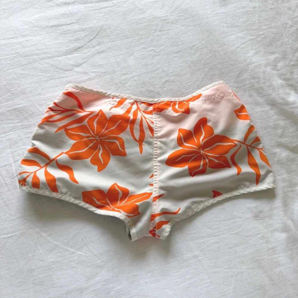 Y2K Reversible Board Shorts Women Orange White Hibiscus Floral Navy Colorblock